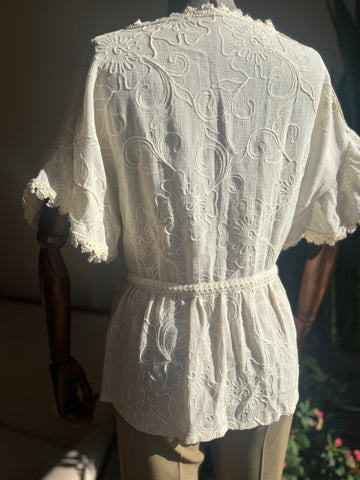 Romantic Floral Embroidered Beige Blouse with Rope Tie and Tassels - Perfect for Any Occasion