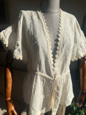 Romantic Floral Embroidered Beige Blouse with Rope Tie and Tassels - Perfect for Any Occasion