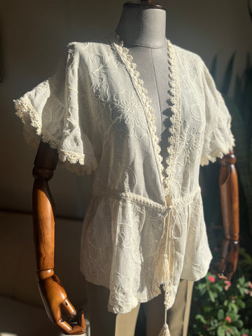 Romantic Floral Embroidered Beige Blouse with Rope Tie and Tassels - Perfect for Any Occasion
