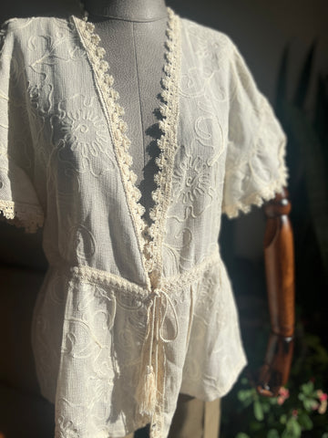 Romantic Floral Embroidered Beige Blouse with Rope Tie and Tassels - Perfect for Any Occasion