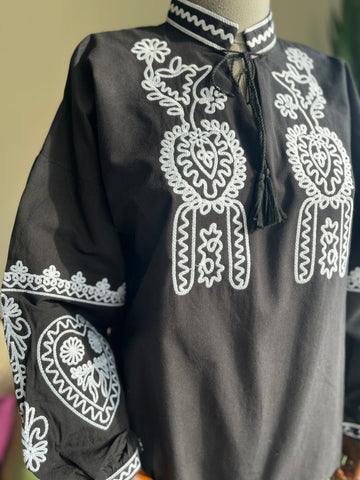 Bohemian Ethnic Embroidered Blouse with Pompom Details – Stylish Long Sleeve Top