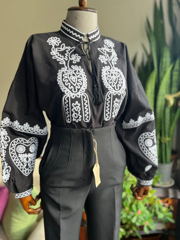 Bohemian Ethnic Embroidered Blouse with Pompom Details – Stylish Long Sleeve Top