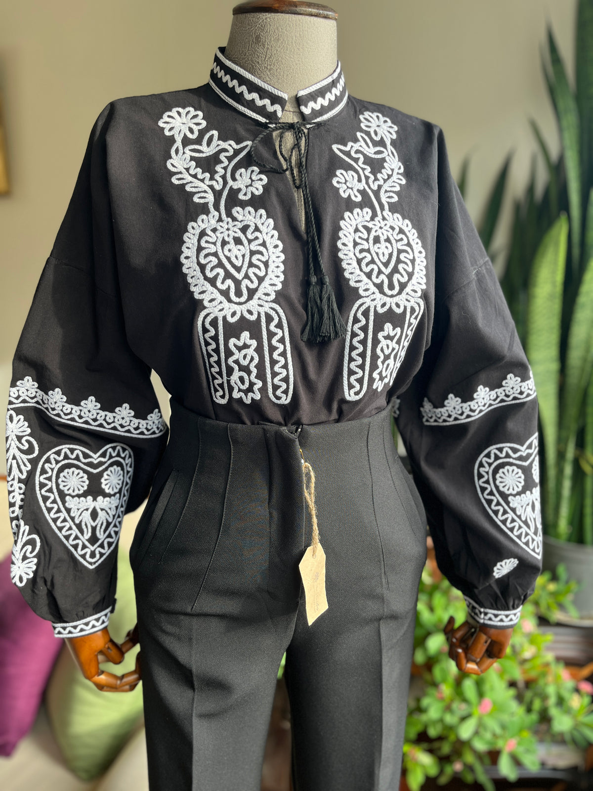 Bohemian Ethnic Embroidered Blouse with Pompom Details – Stylish Long Sleeve Top