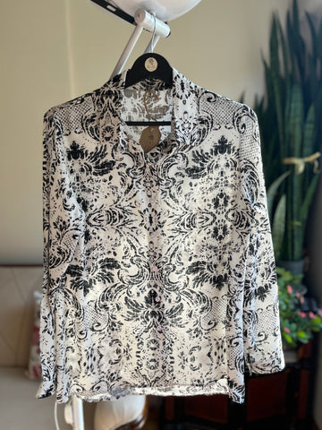 Women's Stylish Patterned Navy Blue Viscose Shirt – Elegant Long Sleeve Button-Up Blouse, Soft & Lightweight Casual Chic Top for Effortless Sophistication