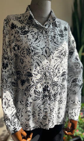 Women's Stylish Patterned Navy Blue Viscose Shirt – Elegant Long Sleeve Button-Up Blouse, Soft & Lightweight Casual Chic Top for Effortless Sophistication