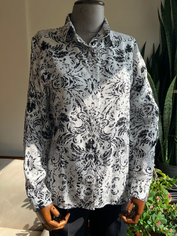 Women's Stylish Patterned Navy Blue Viscose Shirt – Elegant Long Sleeve Button-Up Blouse, Soft & Lightweight Casual Chic Top for Effortless Sophistication