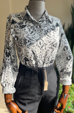 Women's Stylish Patterned Navy Blue Viscose Shirt – Elegant Long Sleeve Button-Up Blouse, Soft & Lightweight Casual Chic Top for Effortless Sophistication