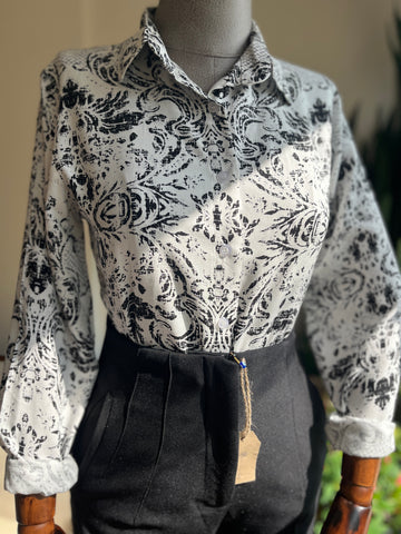 Women's Stylish Patterned Navy Blue Viscose Shirt – Elegant Long Sleeve Button-Up Blouse, Soft & Lightweight Casual Chic Top for Effortless Sophistication
