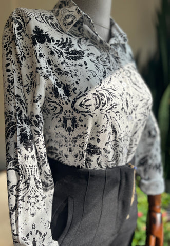 Women's Stylish Patterned Navy Blue Viscose Shirt – Elegant Long Sleeve Button-Up Blouse, Soft & Lightweight Casual Chic Top for Effortless Sophistication