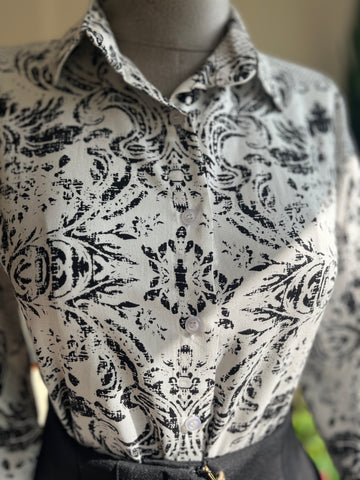 Women's Stylish Patterned Navy Blue Viscose Shirt – Elegant Long Sleeve Button-Up Blouse, Soft & Lightweight Casual Chic Top for Effortless Sophistication