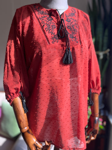 Floral Embroidered Transparent Blouse with Tassel Details – Stylish 3/4 Sleeve Textured Top