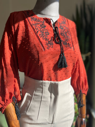 Floral Embroidered Transparent Blouse with Tassel Details – Stylish 3/4 Sleeve Textured Top