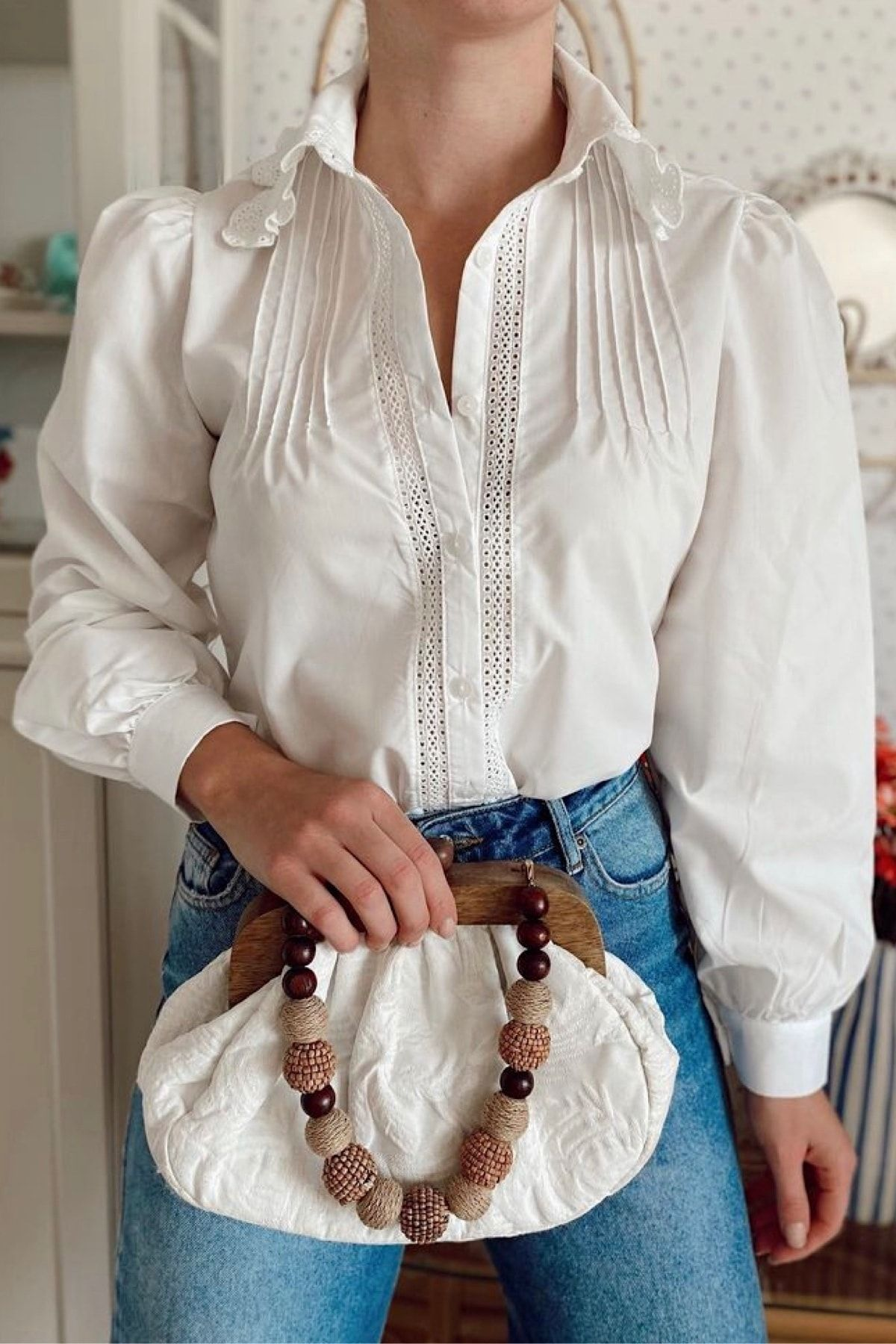 White Shirt with Scalloped Collar, Draped Chest and Balloon Sleeves
