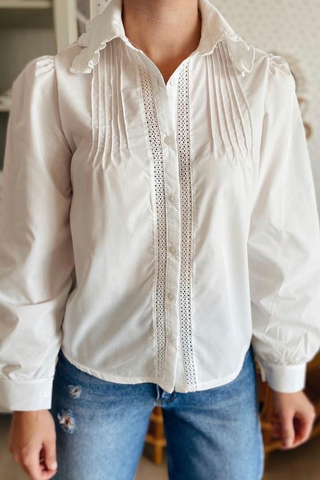 White Shirt with Scalloped Collar, Draped Chest and Balloon Sleeves