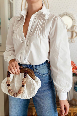 White Shirt with Scalloped Collar, Draped Chest and Balloon Sleeves