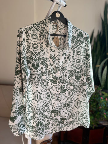 Women's Stylish Patterned Navy Blue Viscose Shirt – Elegant Long Sleeve Button-Up Blouse, Soft & Lightweight Casual Chic Top for Effortless Sophistication
