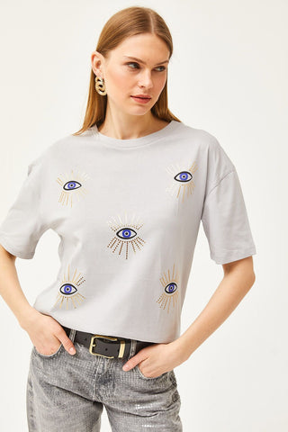 Women's Eye Printed Foil Detailed Cotton T-Shirt – Trendy Graphic Tee with Metallic Shine, Comfortable Casual Top for Stylish Everyday Wear