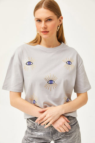 Women's Eye Printed Foil Detailed Cotton T-Shirt – Trendy Graphic Tee with Metallic Shine, Comfortable Casual Top for Stylish Everyday Wear