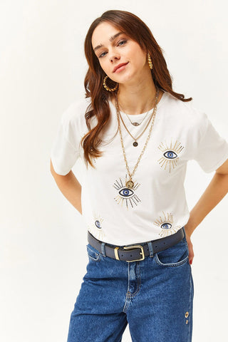 Women's Eye Printed Foil Detailed Cotton T-Shirt – Trendy Graphic Tee with Metallic Shine, Comfortable Casual Top for Stylish Everyday Wear