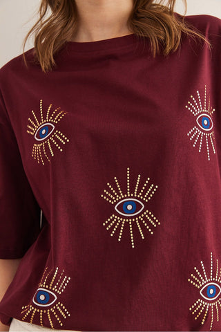 Women's Eye Printed Foil Detailed Cotton T-Shirt – Trendy Graphic Tee with Metallic Shine, Comfortable Casual Top for Stylish Everyday Wear