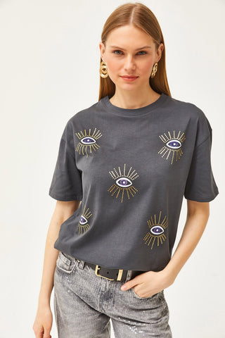 Women's Eye Printed Foil Detailed Cotton T-Shirt – Trendy Graphic Tee with Metallic Shine, Comfortable Casual Top for Stylish Everyday Wear