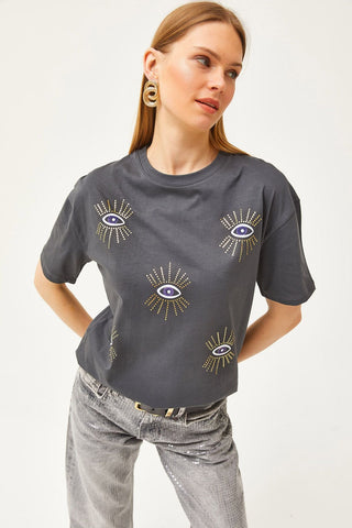Women's Eye Printed Foil Detailed Cotton T-Shirt – Trendy Graphic Tee with Metallic Shine, Comfortable Casual Top for Stylish Everyday Wear