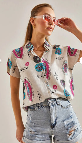 Power Dressing, Reimagined in Linen -- Patterned Batwing Sleeve Linen Shirt