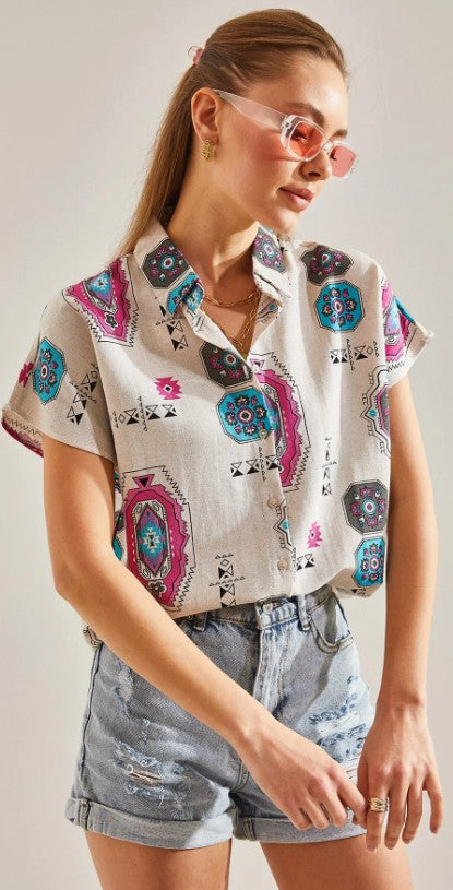 Power Dressing, Reimagined in Linen -- Patterned Batwing Sleeve Linen Shirt