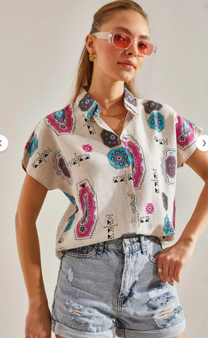 Power Dressing, Reimagined in Linen -- Patterned Batwing Sleeve Linen Shirt