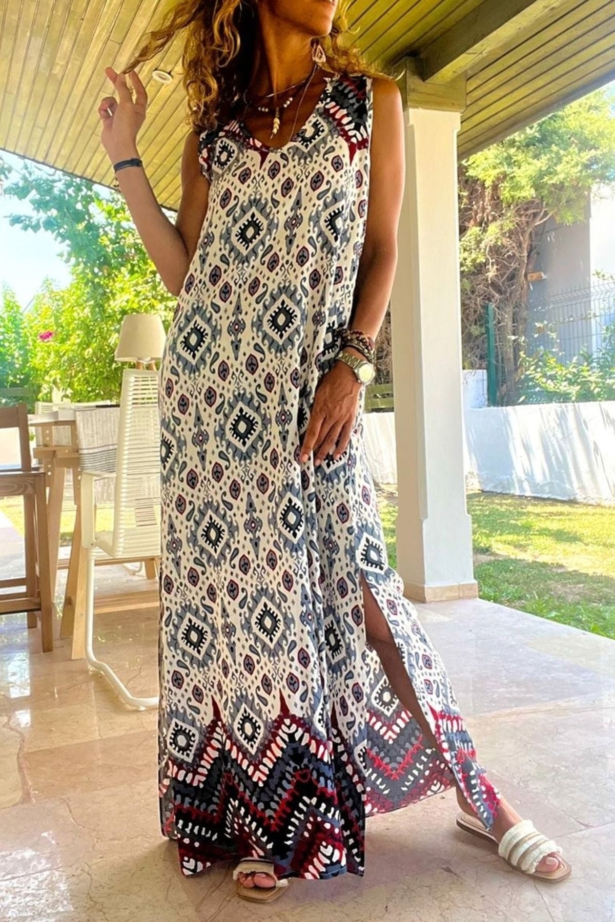 Women's V-Neck Maxi Dress with Long Slit Elegant Waterway-Inspired C puresunlady Women's V-Neck Maxi Dress with Long Slit Elegant Waterway-Inspired C puresunlady