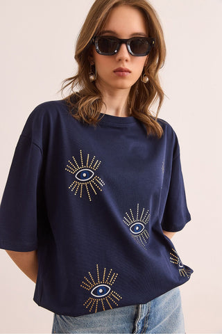 Women's Eye Printed Foil Detailed Cotton T-Shirt – Trendy Graphic Tee with Metallic Shine, Comfortable Casual Top for Stylish Everyday Wear
