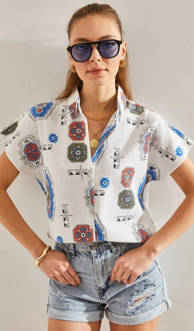 Power Dressing, Reimagined in Linen -- Patterned Batwing Sleeve Linen Shirt