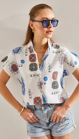 Power Dressing, Reimagined in Linen -- Patterned Batwing Sleeve Linen Shirt