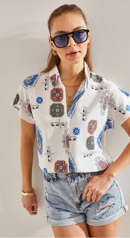 Power Dressing, Reimagined in Linen -- Patterned Batwing Sleeve Linen Shirt