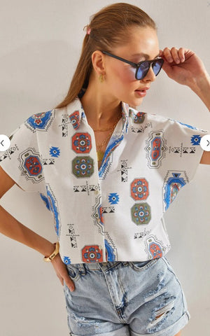 Power Dressing, Reimagined in Linen -- Patterned Batwing Sleeve Linen Shirt