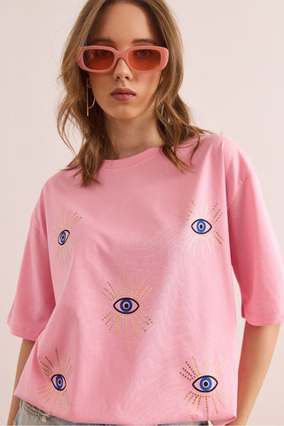 Women's Eye Printed Foil Detailed Cotton T-Shirt – Trendy Graphic Tee with Metallic Shine, Comfortable Casual Top for Stylish Everyday Wear
