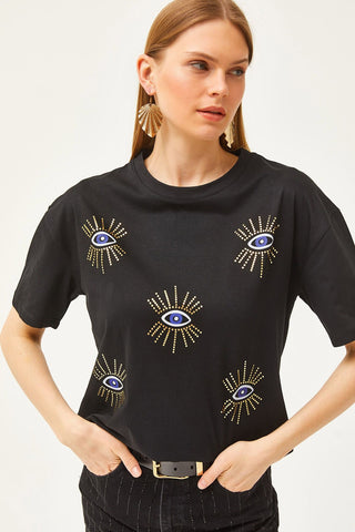 Women's Eye Printed Foil Detailed Cotton T-Shirt – Trendy Graphic Tee with Metallic Shine, Comfortable Casual Top for Stylish Everyday Wear