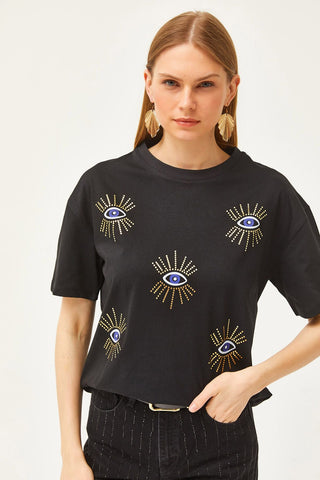 Women's Eye Printed Foil Detailed Cotton T-Shirt – Trendy Graphic Tee with Metallic Shine, Comfortable Casual Top for Stylish Everyday Wear