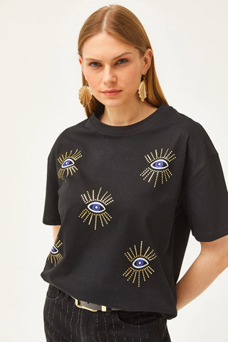 Women's Eye Printed Foil Detailed Cotton T-Shirt – Trendy Graphic Tee with Metallic Shine, Comfortable Casual Top for Stylish Everyday Wear