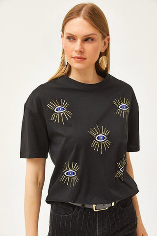 Women's Eye Printed Foil Detailed Cotton T-Shirt – Trendy Graphic Tee with Metallic Shine, Comfortable Casual Top for Stylish Everyday Wear