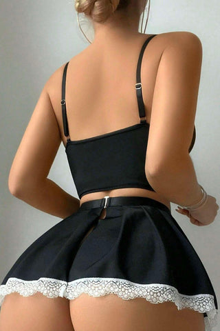 Luxury French Maid-Inspired Satin Costume with Lace Apron & Elegant Puff Sleeves – Classic Parisian Charm Reimagined