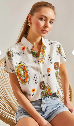 Power Dressing, Reimagined in Linen -- Patterned Batwing Sleeve Linen Shirt