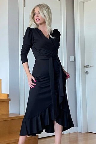 Midi Length Belted Dress-Designer Women- Gift For Woman - Crepe Fabric- Luxury Dress For Woman- Cocktail Dress