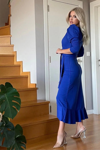 Midi Length Belted Dress-Designer Women- Gift For Woman - Crepe Fabric- Luxury Dress For Woman- Cocktail Dress