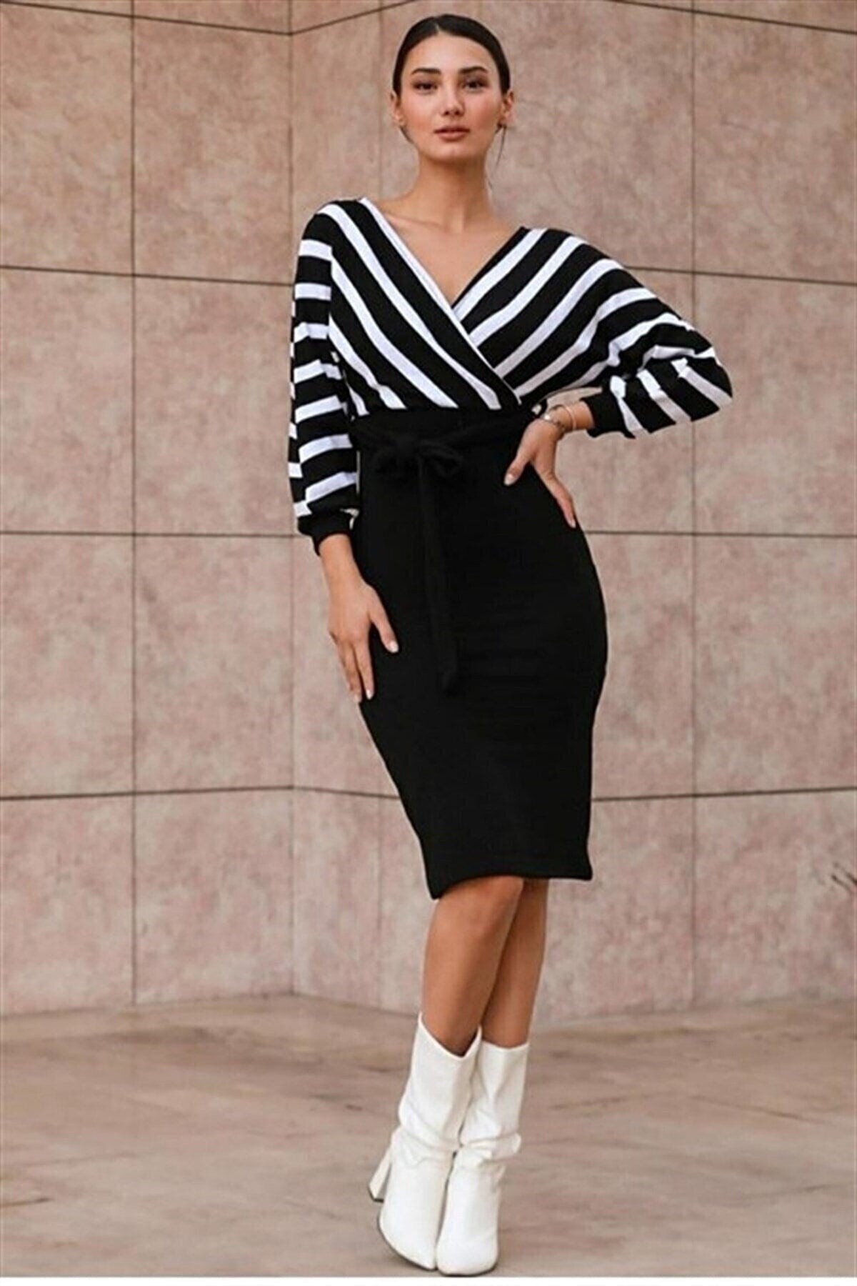 Line Patterned Double Breasted Neck Midiboy Knitwear Dress , Birthday puresunlady Line Patterned Double Breasted Neck Midiboy Knitwear Dress , Birthday puresunlady