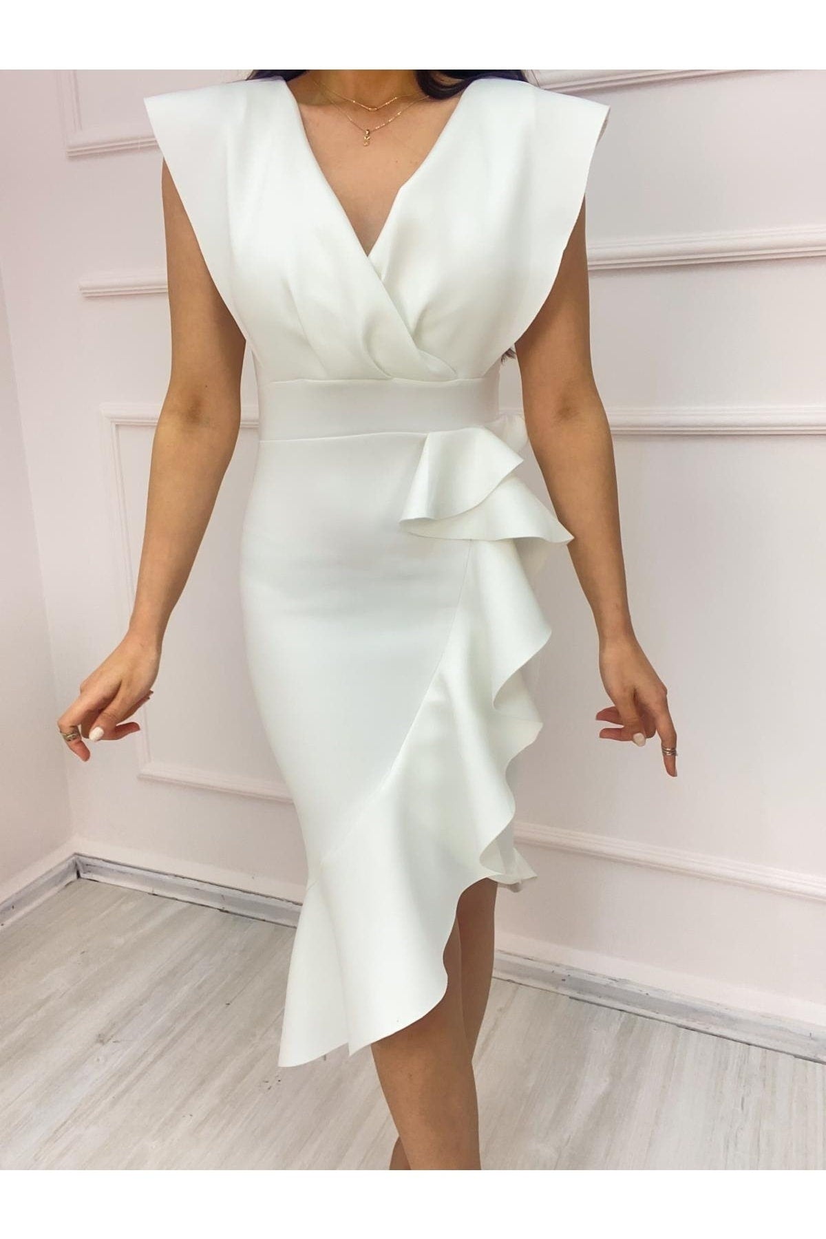 Wedding Dress, Scuba Fabric Front Ruffle Midi Length Dress, Guest Dres puresunlady Wedding Dress, Scuba Fabric Front Ruffle Midi Length Dress, Guest Dres puresunlady
