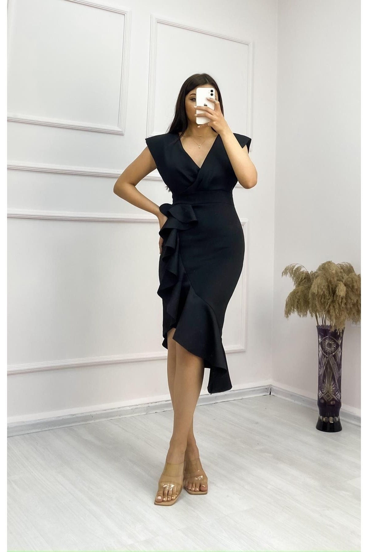 Wedding Dress, Scuba Fabric Front Ruffle Midi Length Dress, Guest Dres puresunlady Wedding Dress, Scuba Fabric Front Ruffle Midi Length Dress, Guest Dres puresunlady