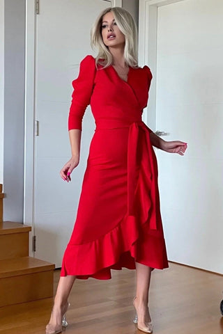 Midi Length Belted Dress-Designer Women- Gift For Woman - Crepe Fabric- Luxury Dress For Woman- Cocktail Dress