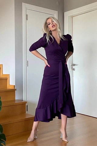 Midi Length Belted Dress-Designer Women- Gift For Woman - Crepe Fabric- Luxury Dress For Woman- Cocktail Dress