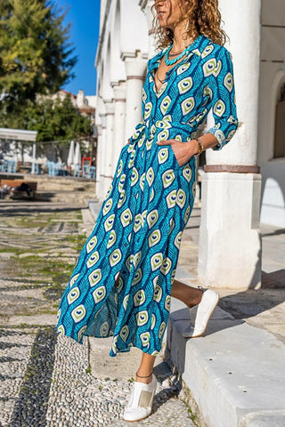 Vintage Summer Dress, Printed,Belted,With Pocket Long Sleeved,Polo Collared Dress,Attractive Dress,Wedding Dress,Minimal Dress,Boho Wear